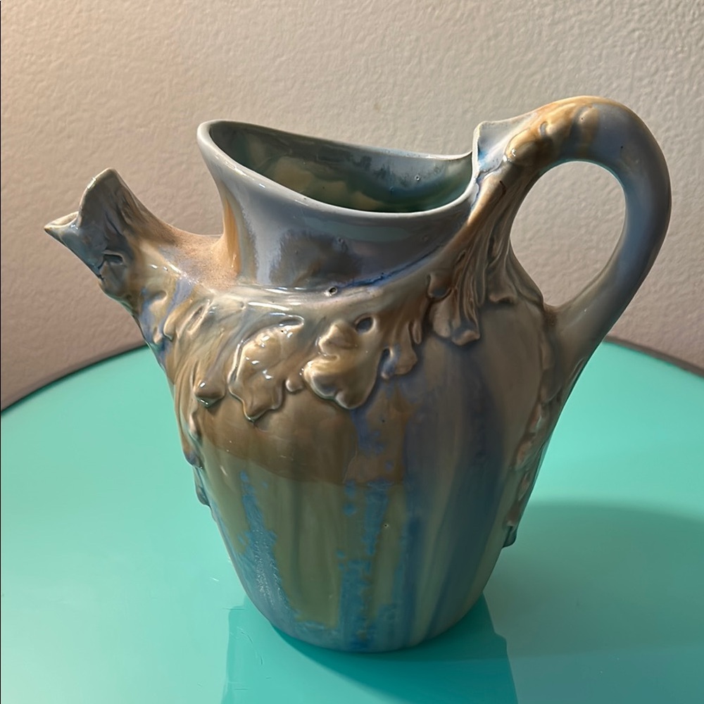 Antique Wasmuel Majolica blue and Beige Ceramic Pitcher